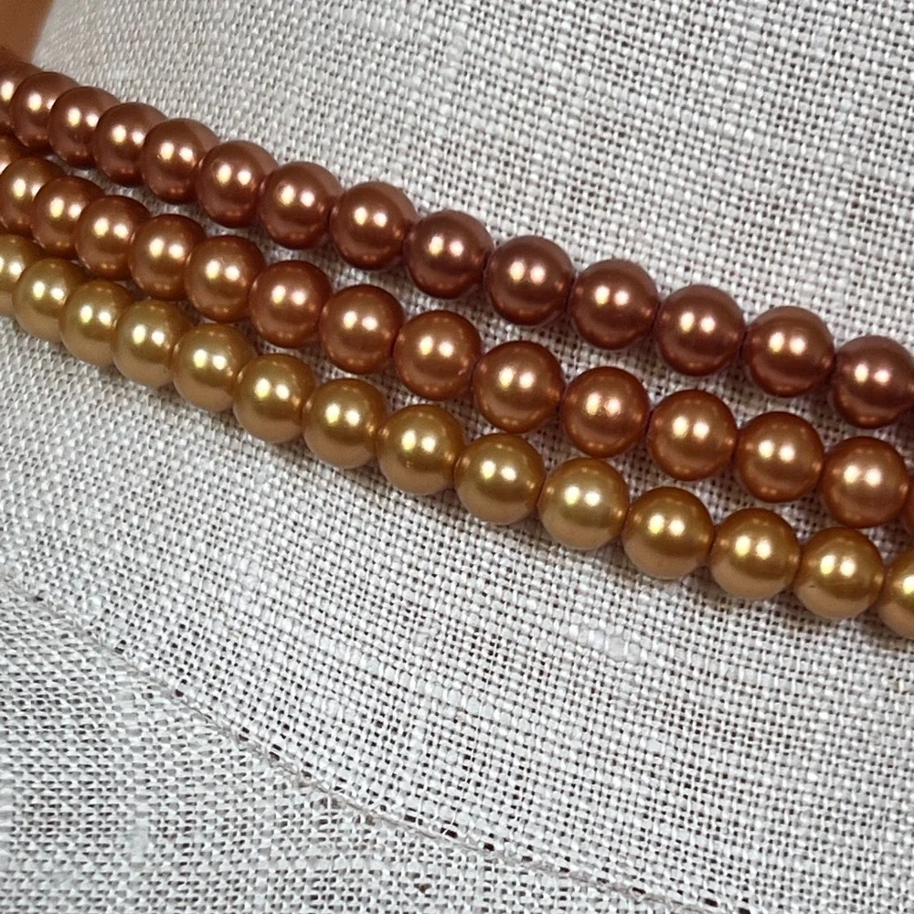 Vintage Three Strand Choker Faux PearlBrown Orange Gold Retro Glam